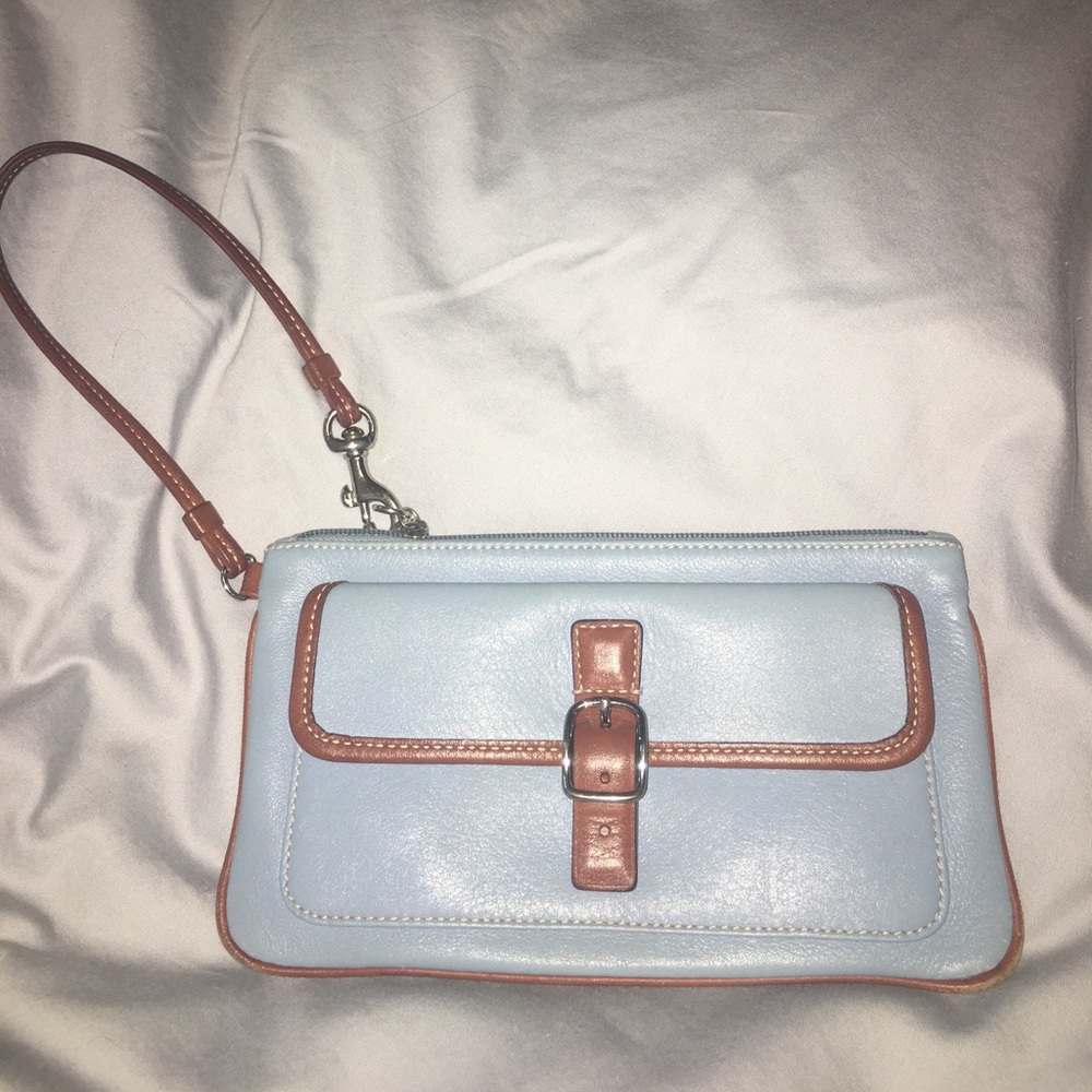 Coach blue wristlet with brown boarder