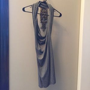 Cowl neck backless black and grey strip dress