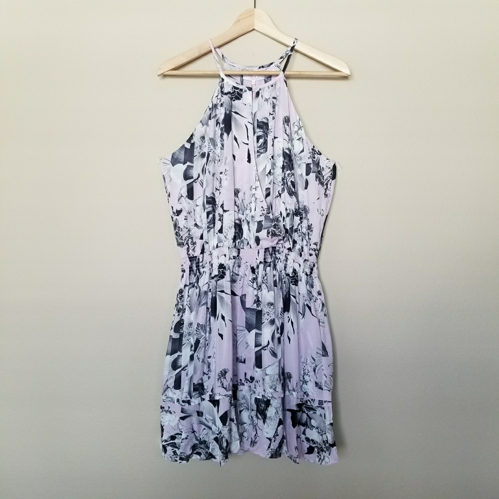 Parker Ruffled Flower Print Halter Mini Dress M