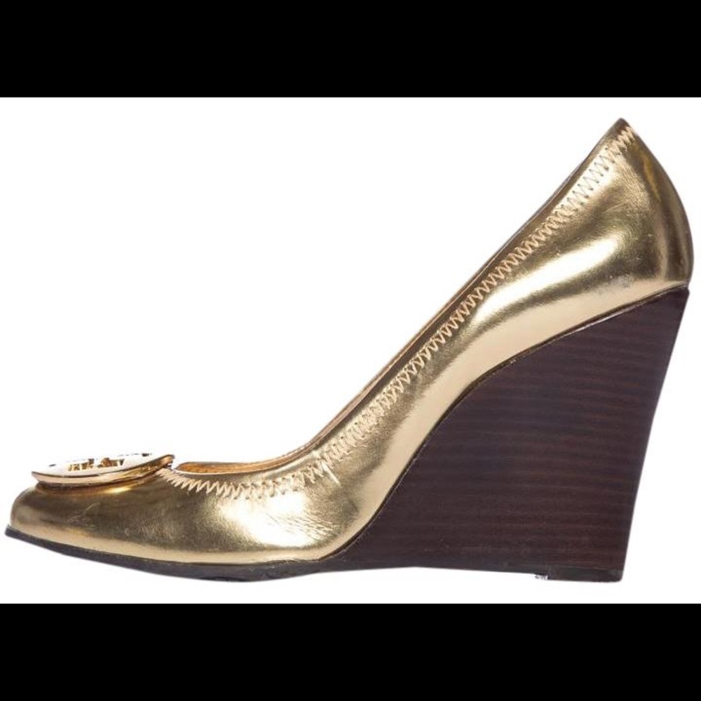 ‼️SOLD‼️Tory Burch Sophie Gold Leather 4" Wedges
