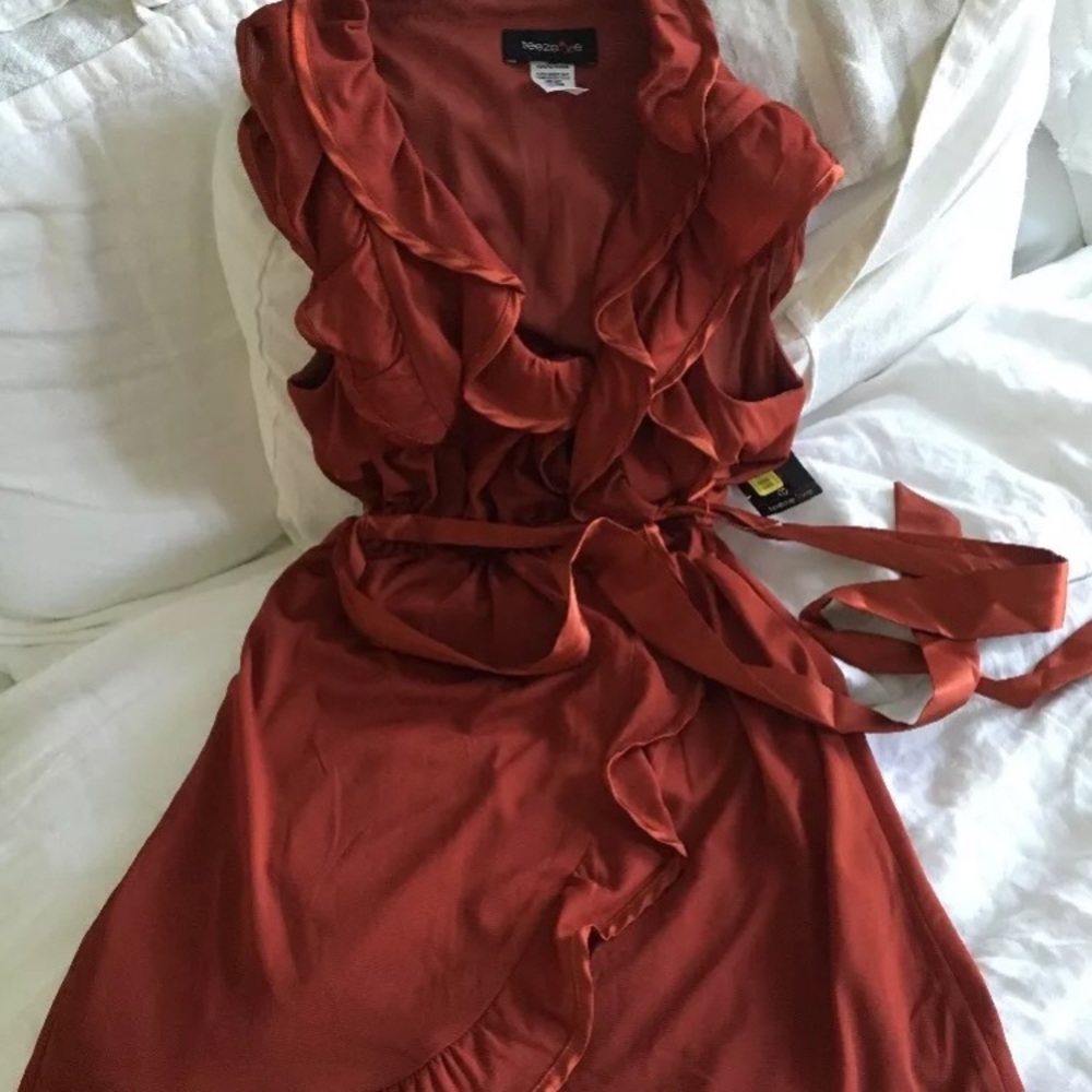 Red ruffle faux crossover dress