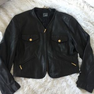 Black leather jacket with gold hardware
