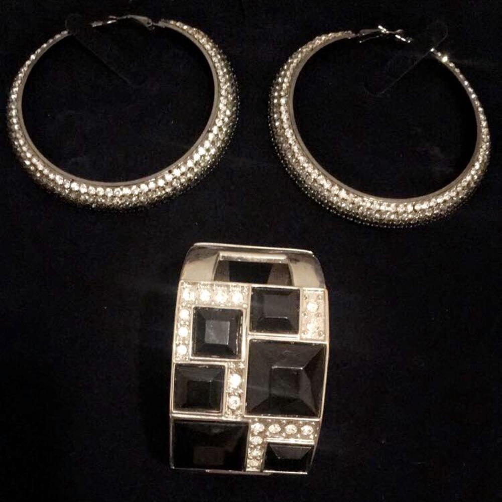 Gunmetal rhinestone hoop earring