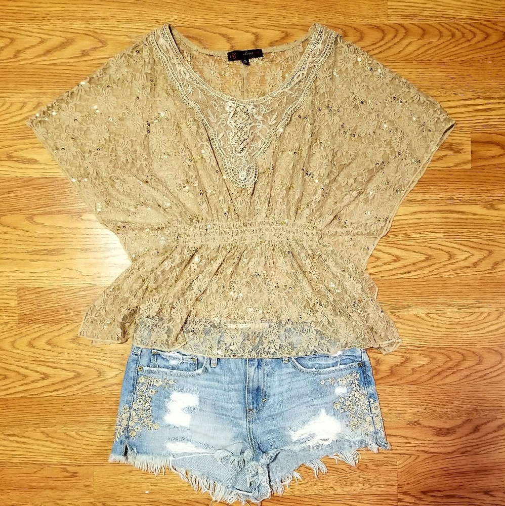 Bohemian Tan Lace Sequined Top