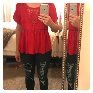 Red Cotton shirt with Lace