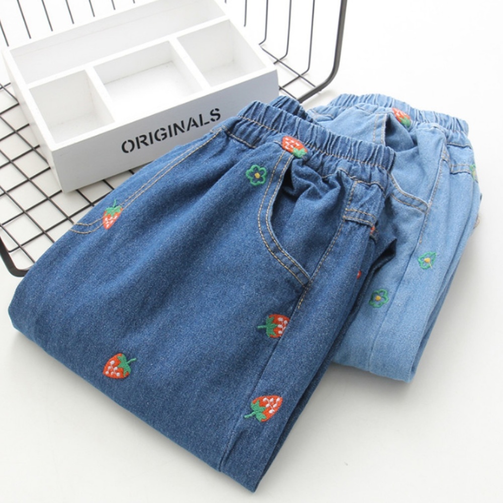 Cute Retro Strawberry Embroidery Jeans Light Blue