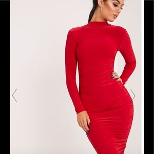 Pretty little thing dress red ruched midi dress