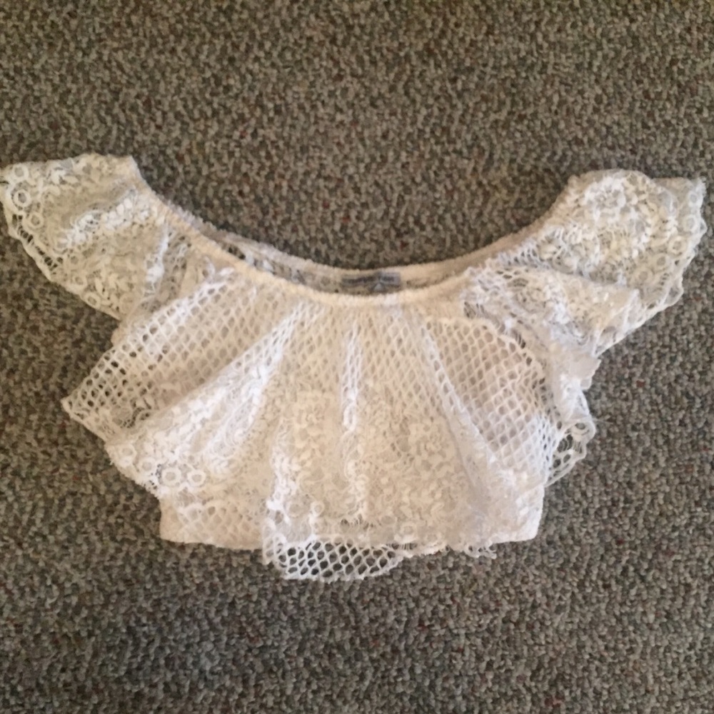 White lace off the shoulder crop top