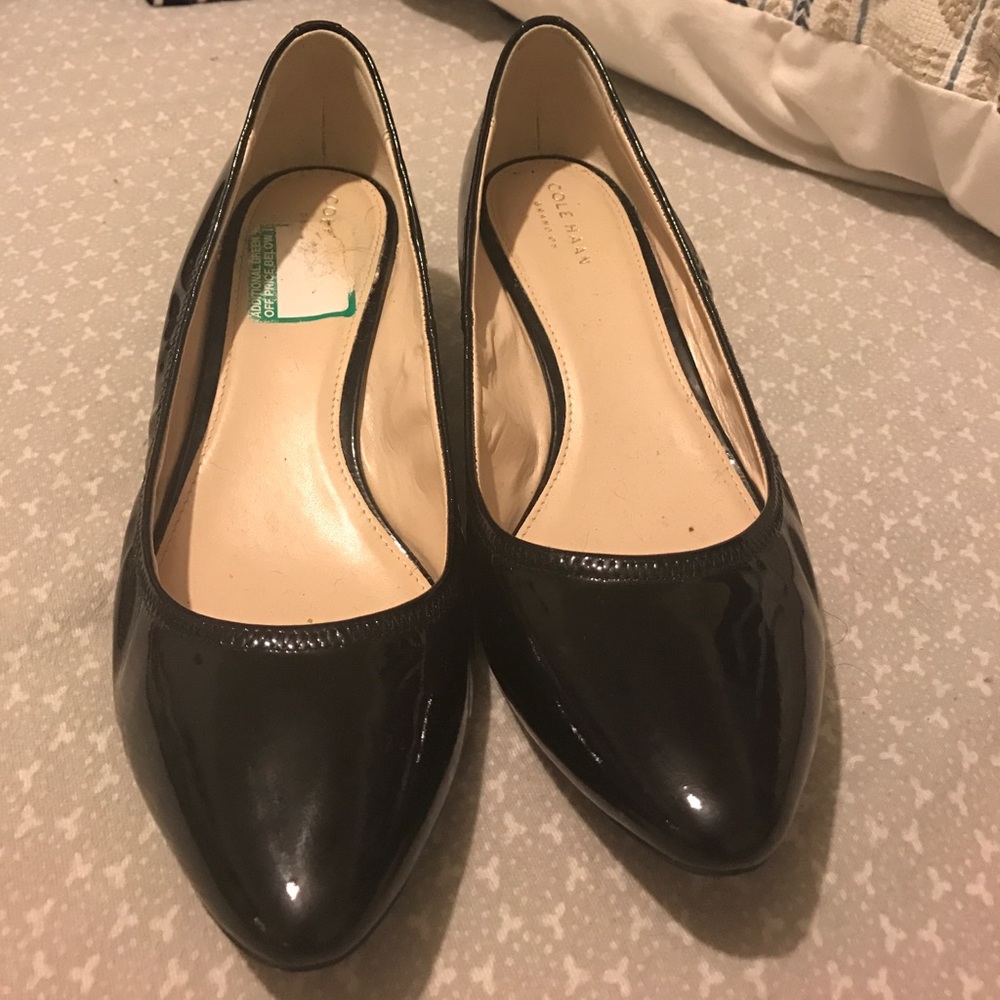 Cole Haan patent leather low heeled wedges