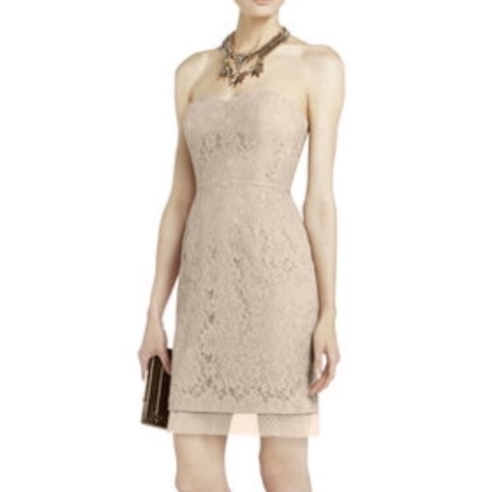 BCBGMaxazria Nude/blush strapless lace dress