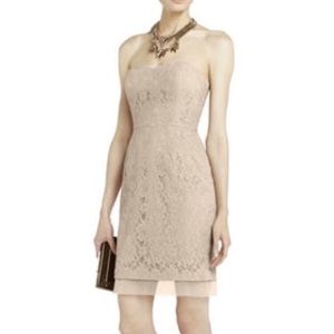 BCBGMaxazria Nude/blush strapless lace dress