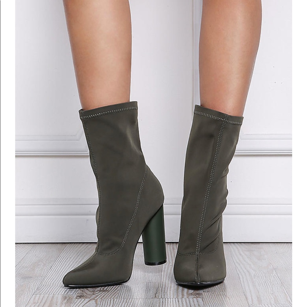 Ladies high heels booties in olive color - Picture 2 of 5