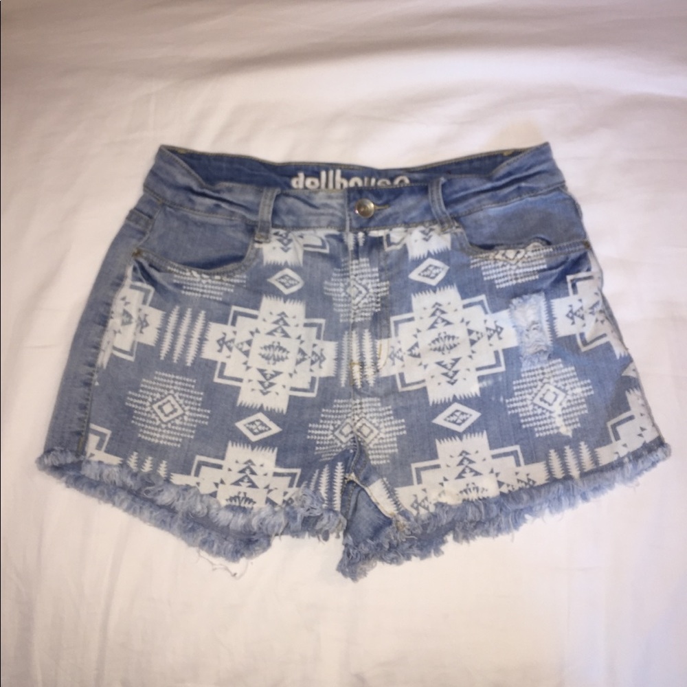 White Aztec print on denim shorts
