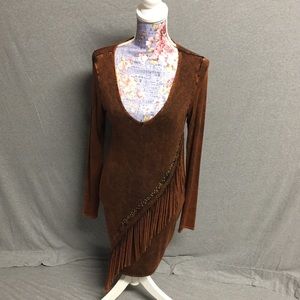 Brown Long Sleeve Fringe Fitted Dress