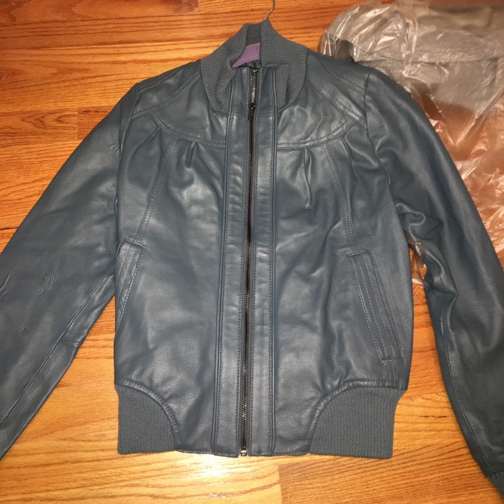 blue leather jacket