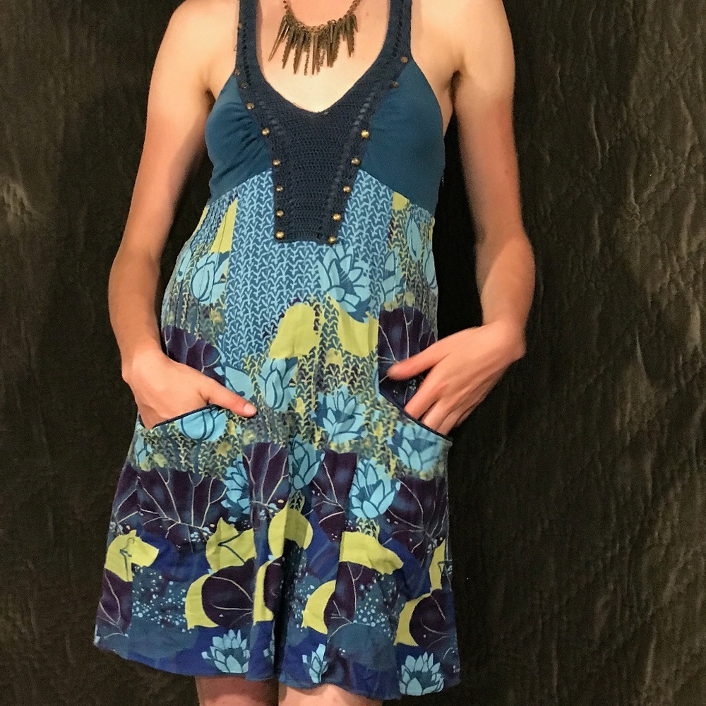 Free People Lotus Print Dress with Crocheted Detai