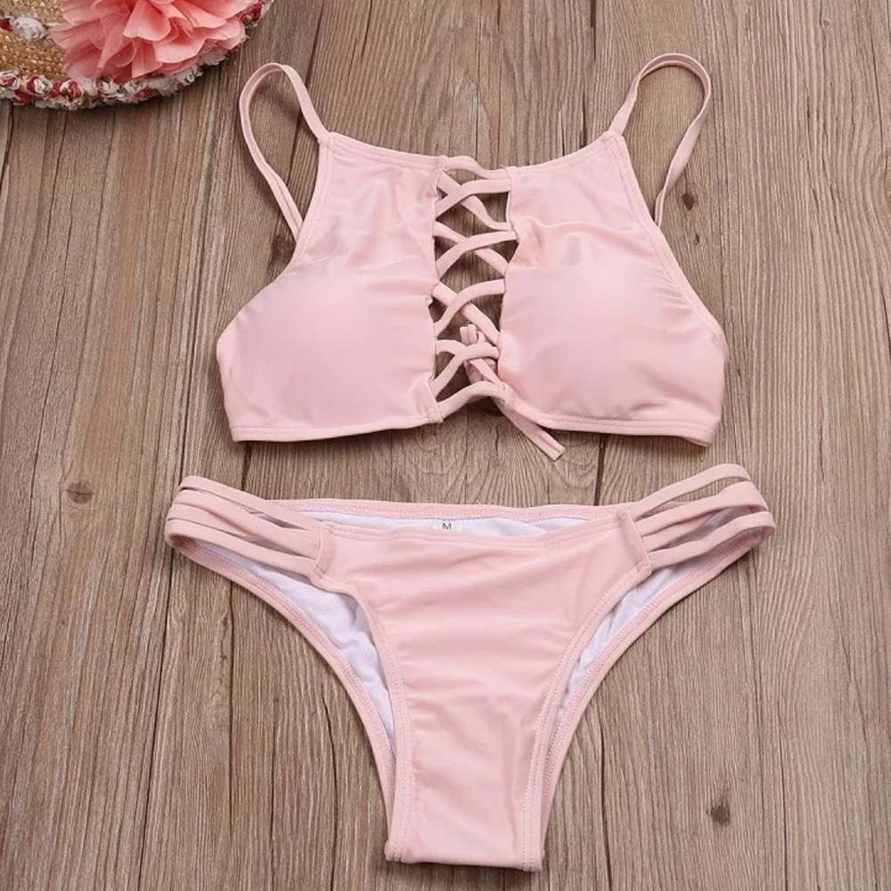 Pink Lace Up Padded Bikini