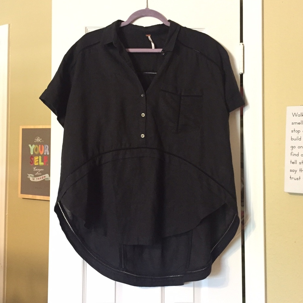 Free People Black Linen Top w/ Pocket and Buttons