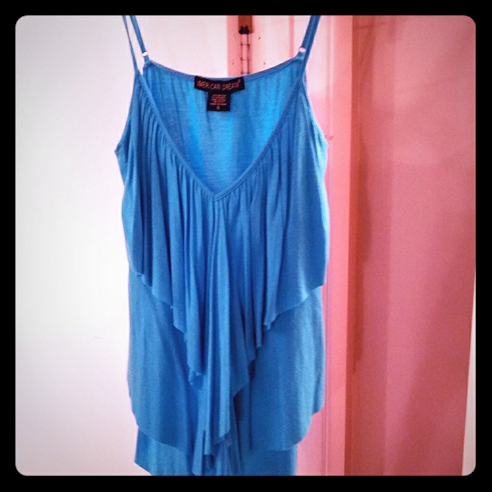 Turquoise spaghetti strap tank with layered front
