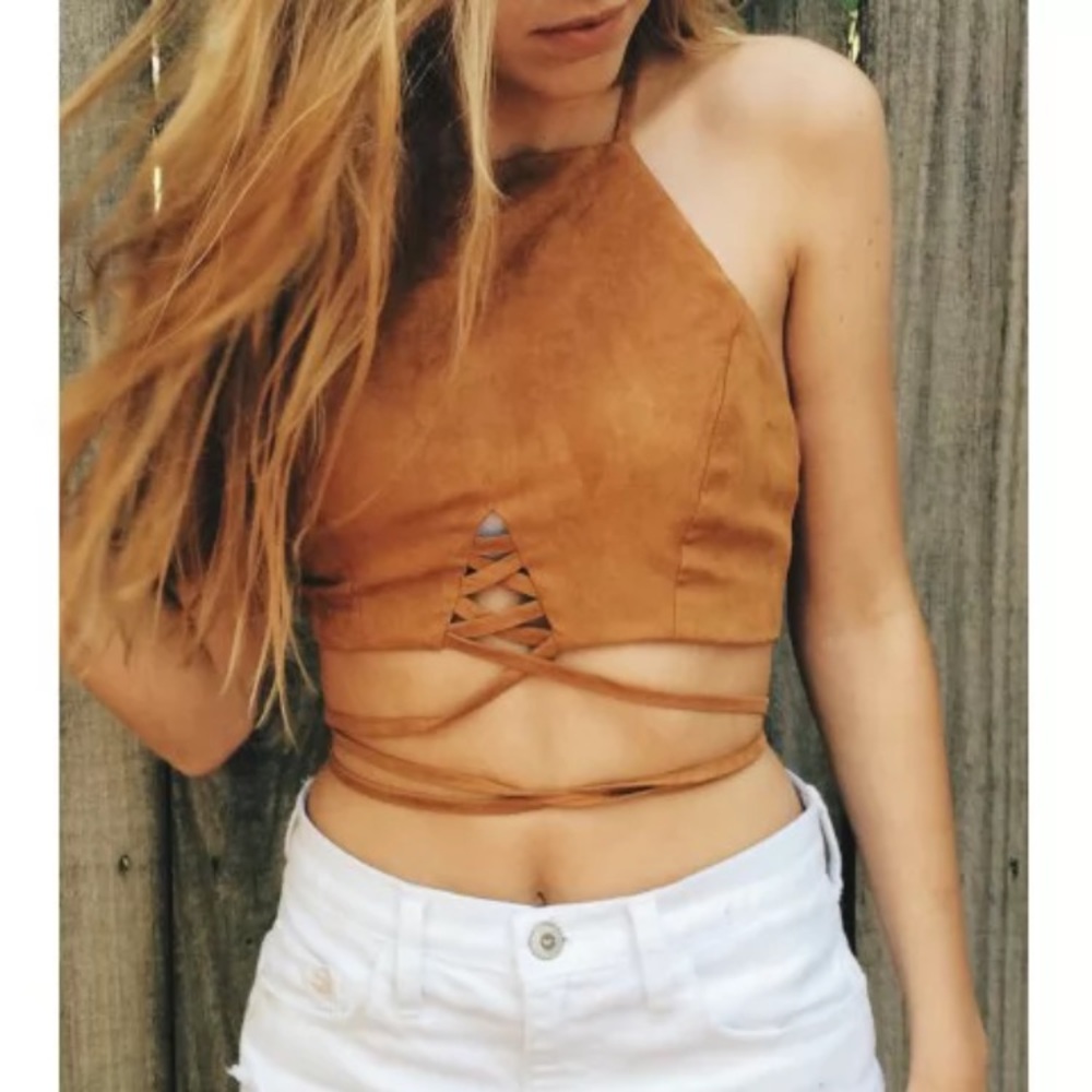 Lace up pure color cami crop top