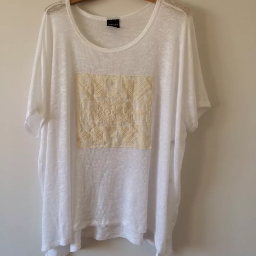 Wallpaper crochet mesh graphic knit top 2X