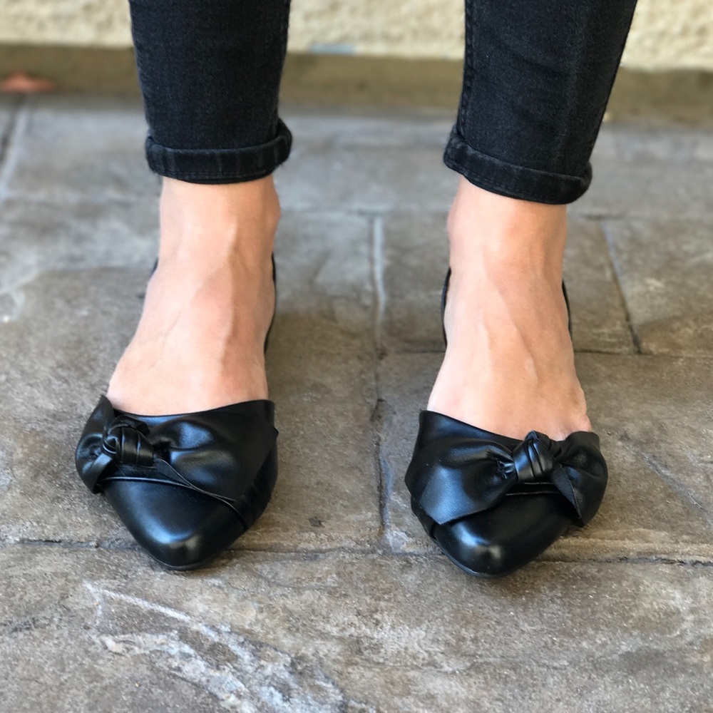 Black Vegan Leather Knott Bow Flats - Picture 2 of 6