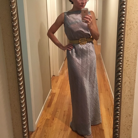 Vintage silver taffeta backless evening gown dress S - Picture 3 of 5