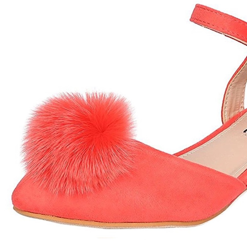 Coral Pink Pom Pom Ballet Kitten Wedge Sandal - Picture 3 of 8