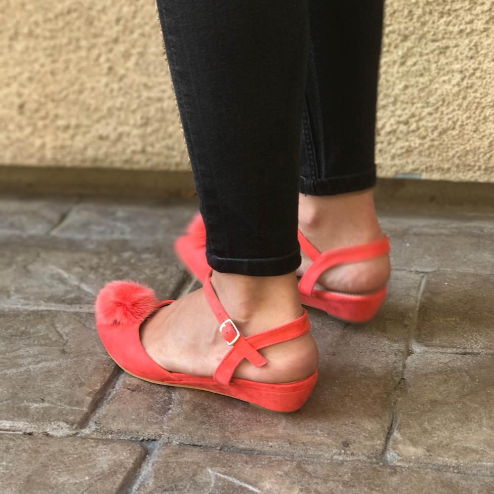 Coral Pink Pom Pom Ballet Kitten Wedge Sandal - Picture 5 of 8