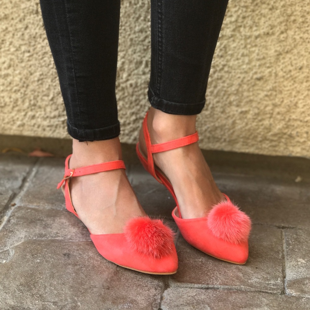 Coral Pink Pom Pom Ballet Kitten Wedge Sandal - Picture 2 of 8