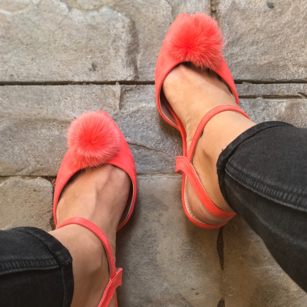 Coral Pink Pom Pom Ballet Kitten Wedge Sandal - Picture 6 of 8