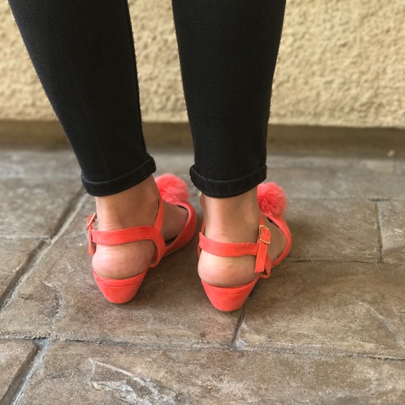 Coral Pink Pom Pom Ballet Kitten Wedge Sandal - Picture 4 of 8