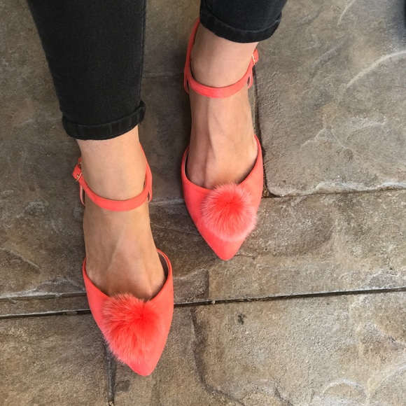 Coral Pink Pom Pom Ballet Kitten Wedge Sandal - Picture 7 of 8