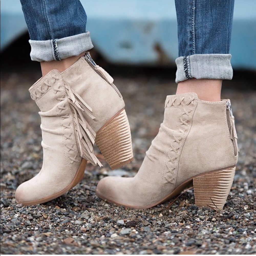 Rustic Boho Chic Fringe Stacked Ankle Booties - Picture 5 of 5