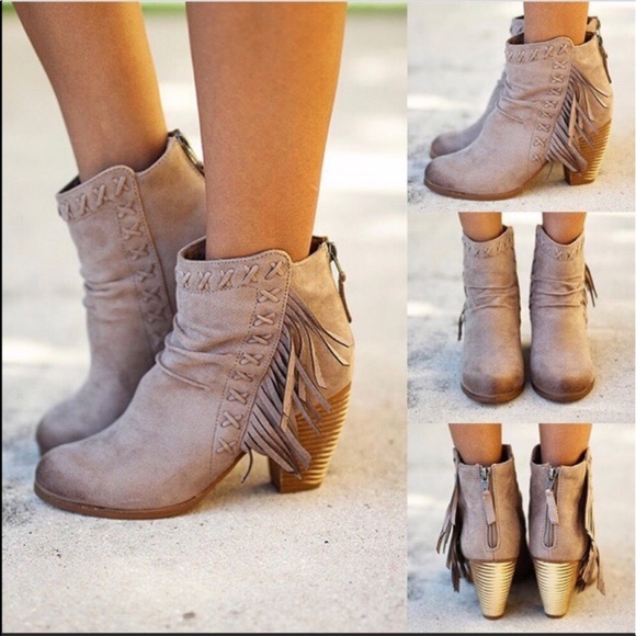 Rustic Boho Chic Fringe Stacked Ankle Booties - Picture 2 of 5