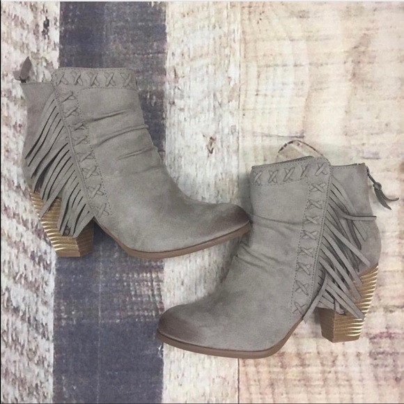 Rustic Boho Chic Fringe Stacked Ankle Booties - Picture 3 of 5