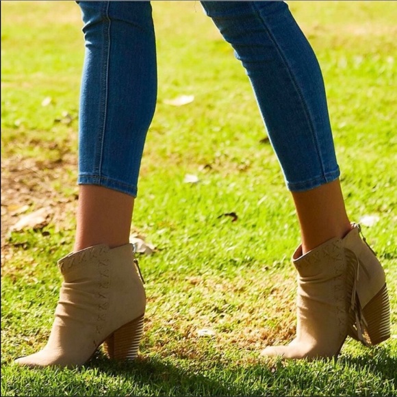 Rustic Boho Chic Fringe Stacked Ankle Booties - Picture 4 of 5
