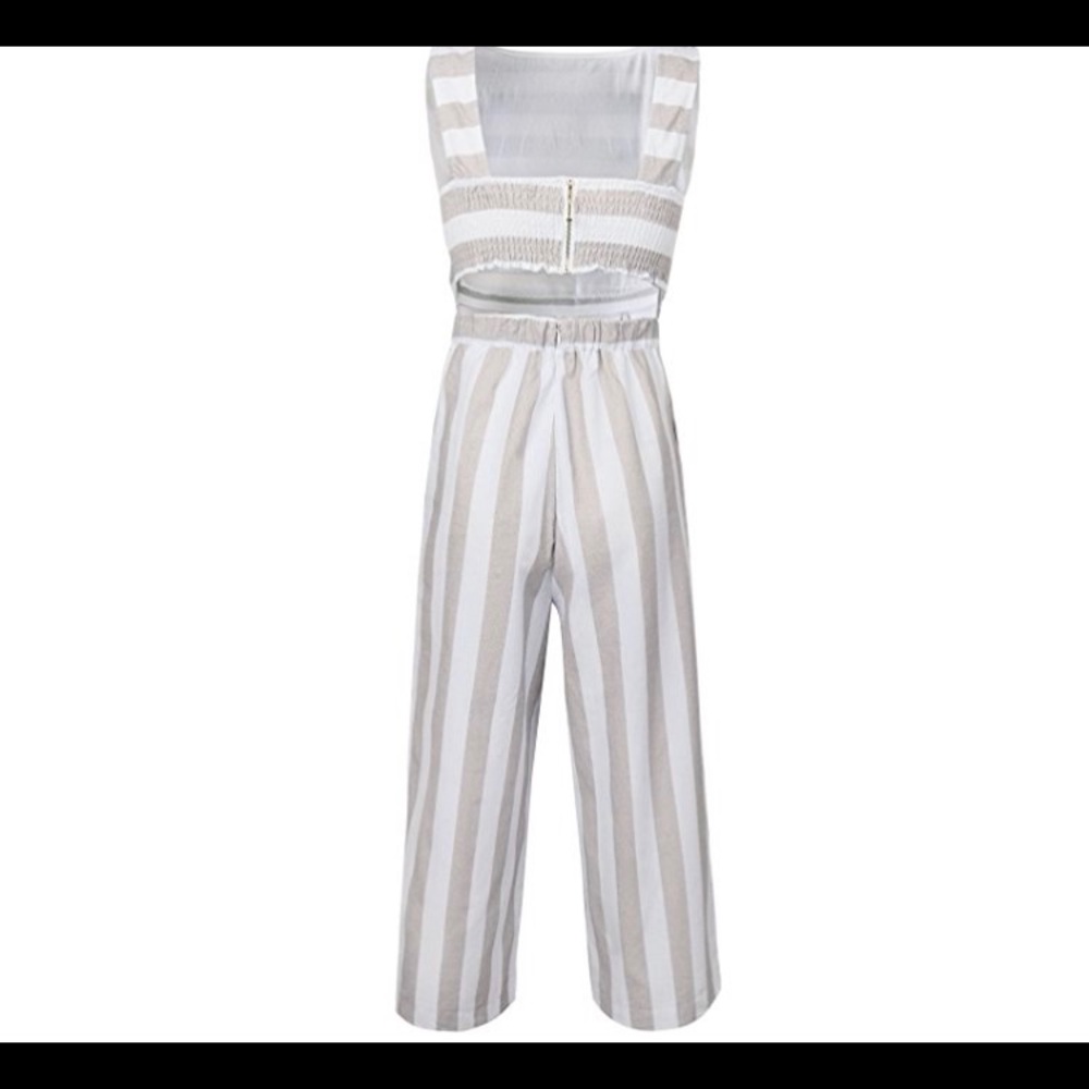 🆕Khaki Stripe Sleeveless Zipper Back Jumpsuit - Picture 2 of 3