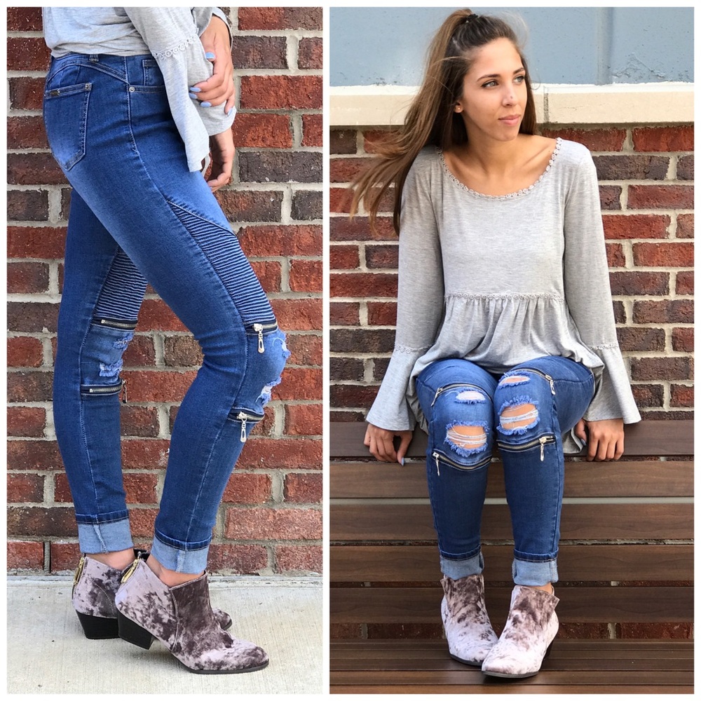 Last Pair!  Distressed Demin Moto Jeans - Picture 2 of 3