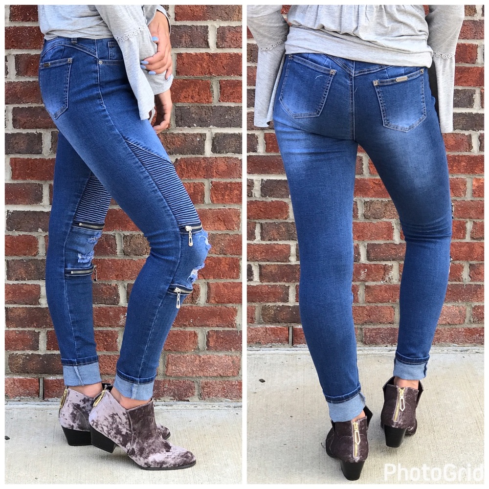 Last Pair!  Distressed Demin Moto Jeans - Picture 3 of 3