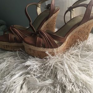 Tan, cork heel wedges