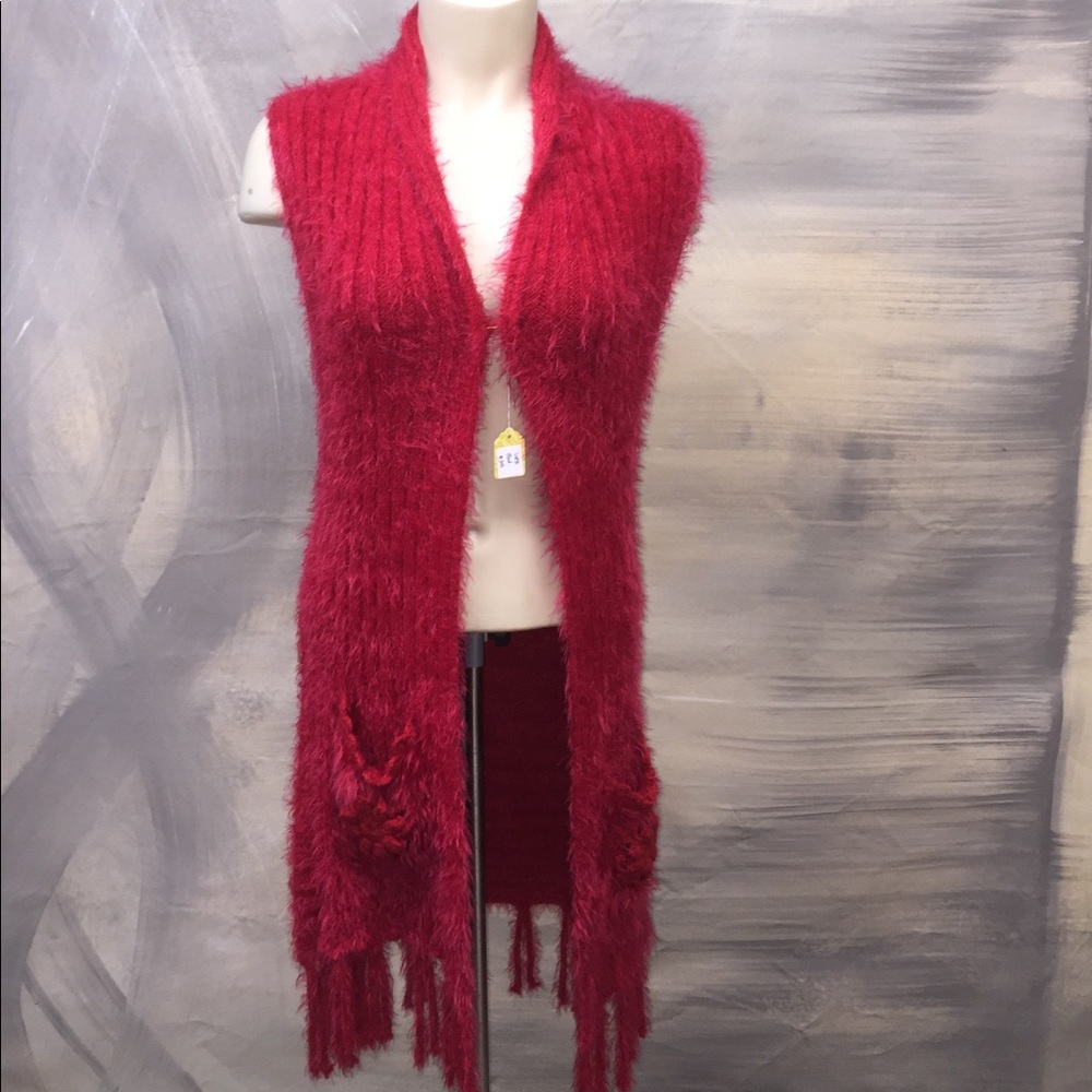 Red Sleeveless Cardigan with Crochet Flowers