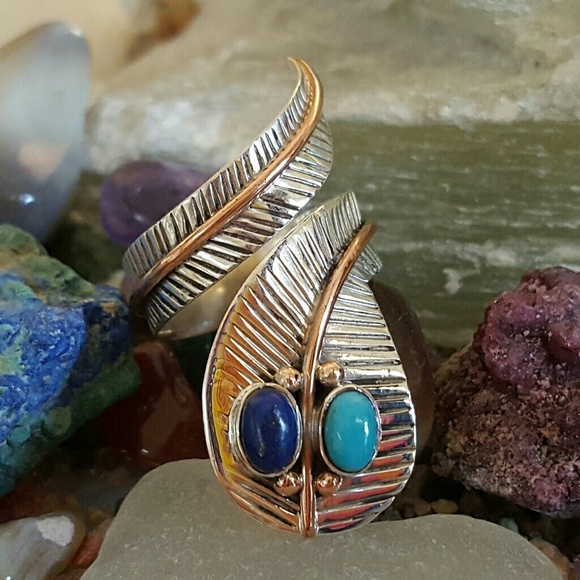 Earth Art hand crafted artisan Jewelry - Turquoise Lapis Snake Eyes Wrap Ring