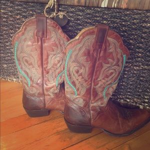 Teal and brown cowgirl boots.