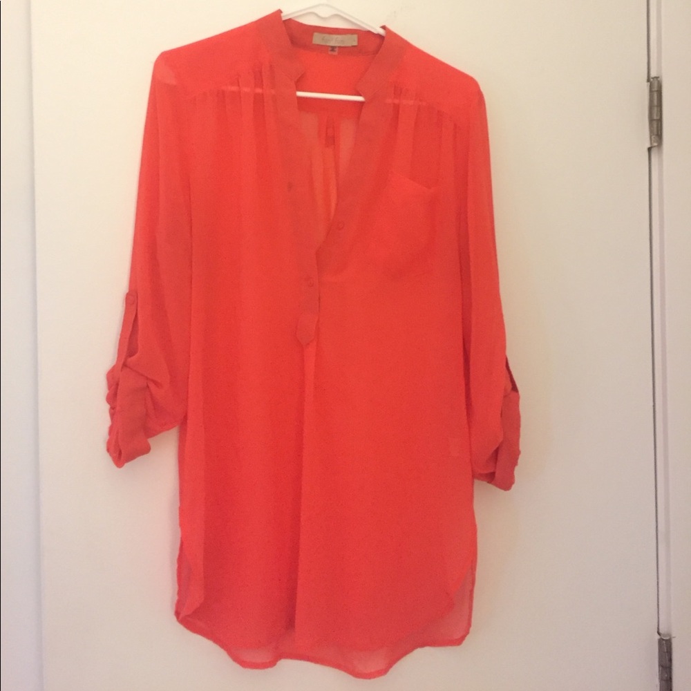 3/4 sleeve sheer coral blouse