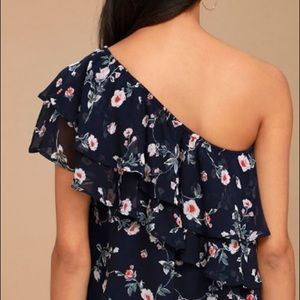 Navy and Floral Off-Shoulder Top