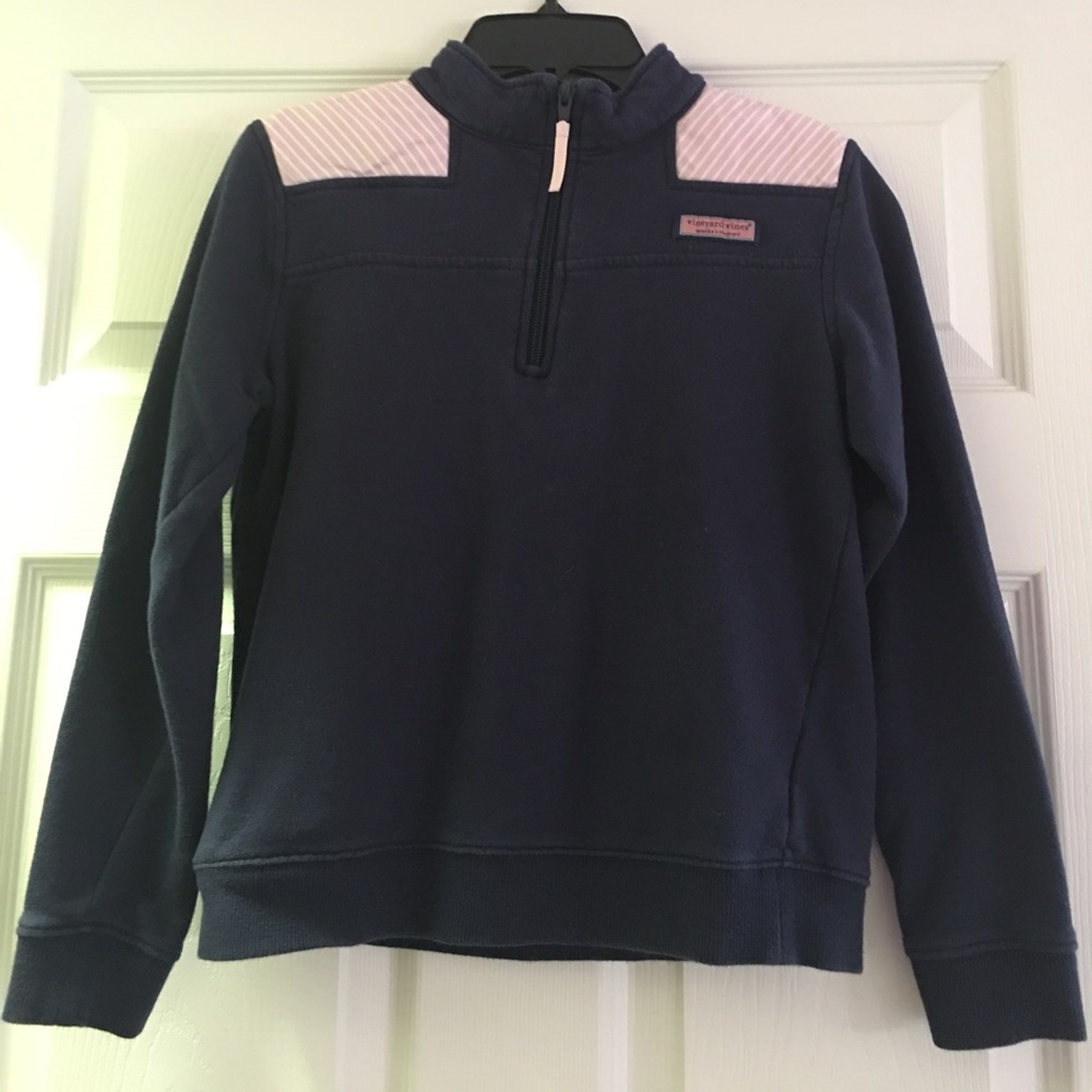 Navy and pink pullover.