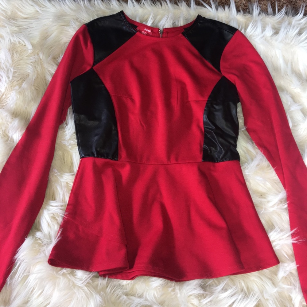 Stylish red and black peplum long sleeve top