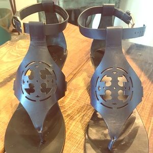 Tory Burch navy Miller wedge sandals size 8