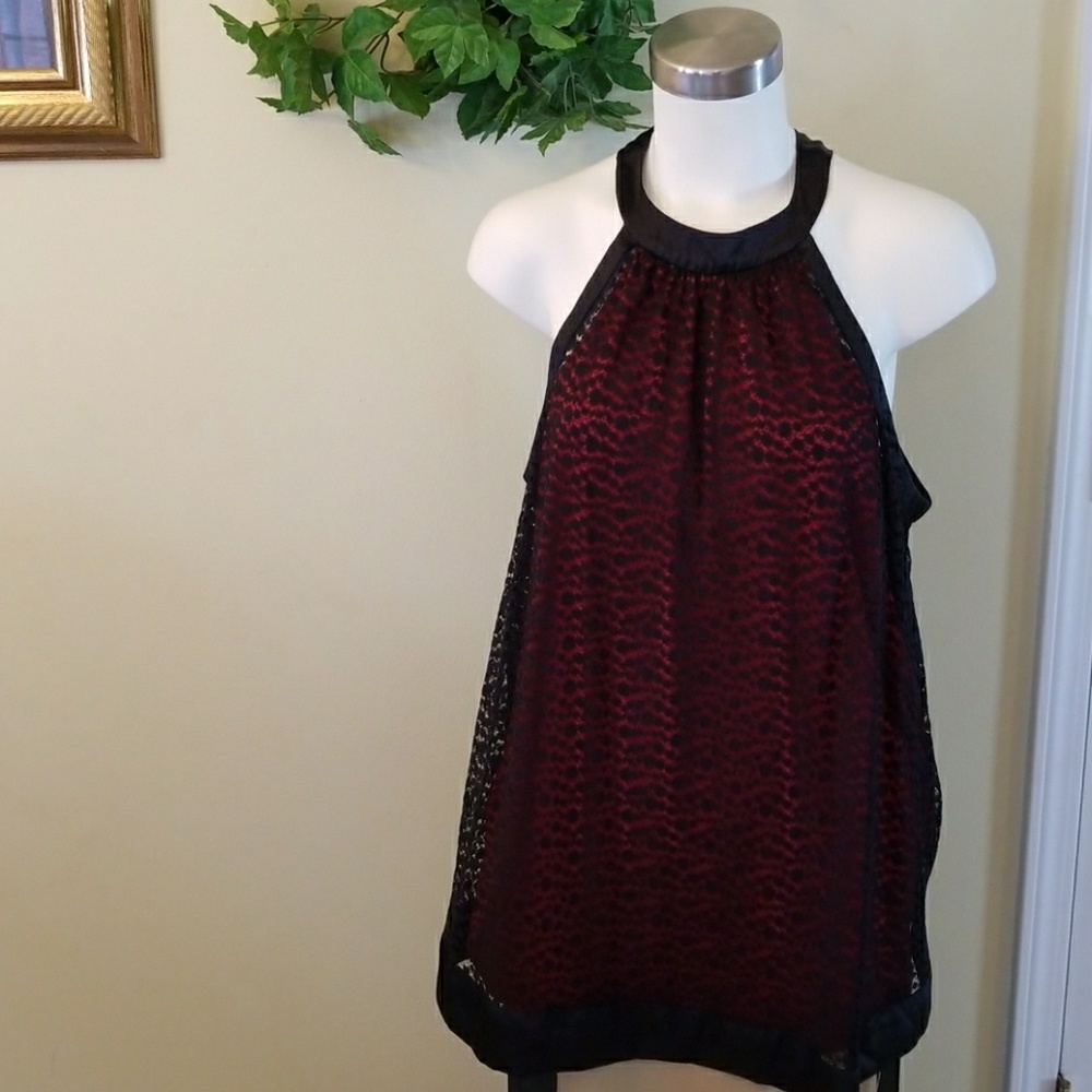 Deep red with black lace halter top by Nicole NWOT